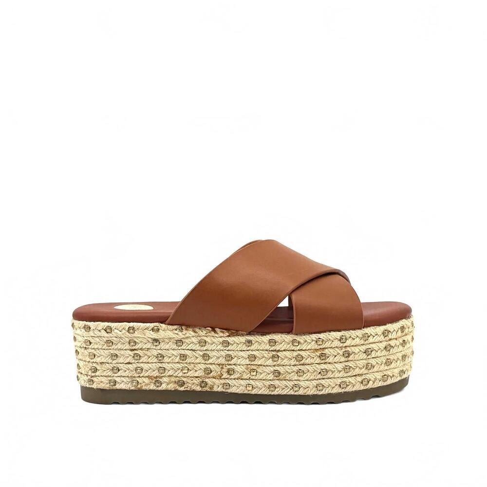 NEW EXE women's violet cross-strap espadrille platform slides in tan